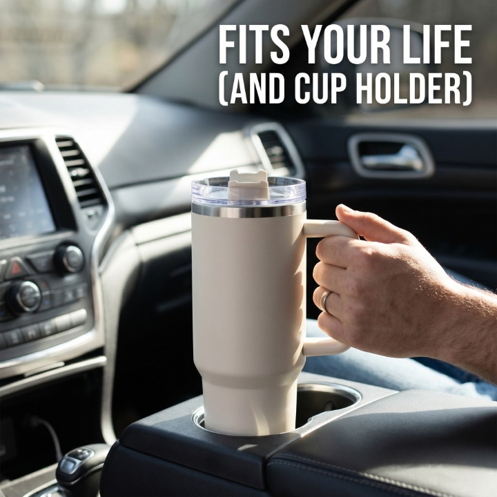 1200ml Ultra-Insulated Travel Tumbler with Handle & Straw - Holds Ice 24 Hours