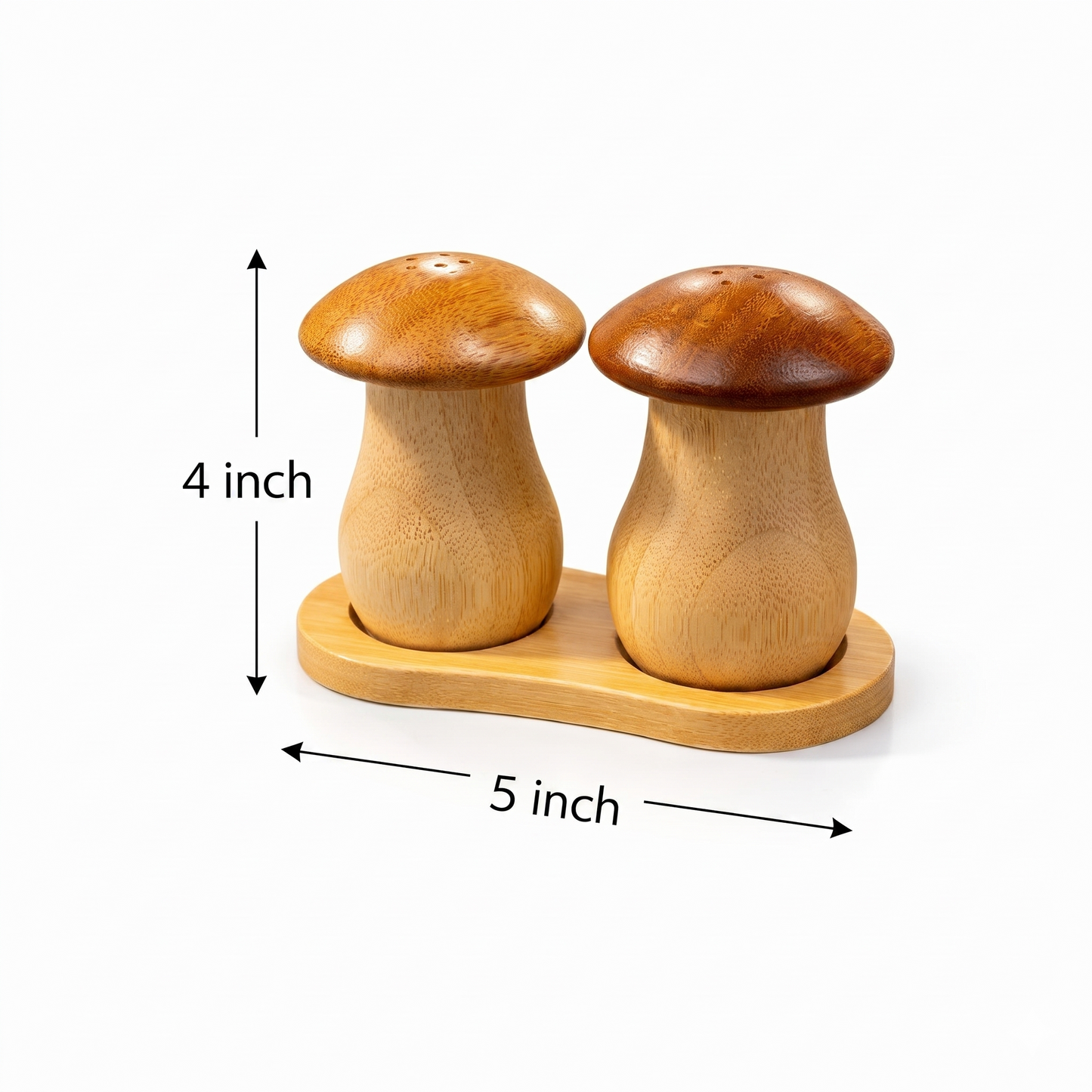 Bamboo Mushroom Salt & Pepper Shaker Set with Tray