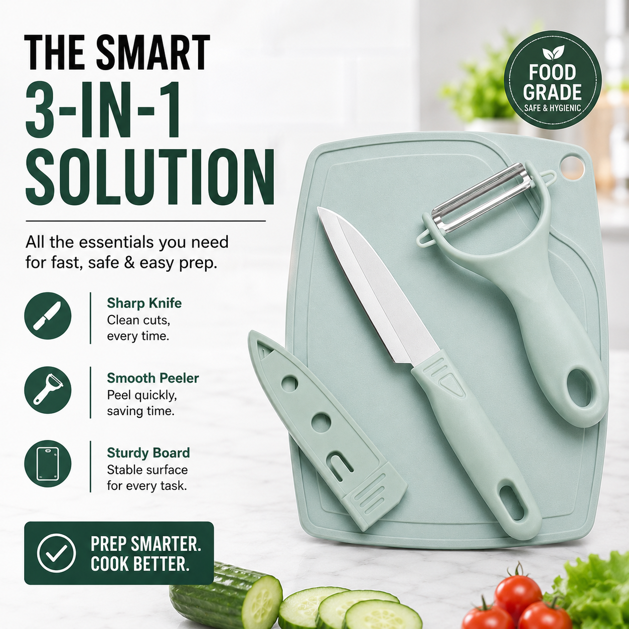 3-in-1 Kitchen Prep Set with Knife, Peeler & Cutting Board
