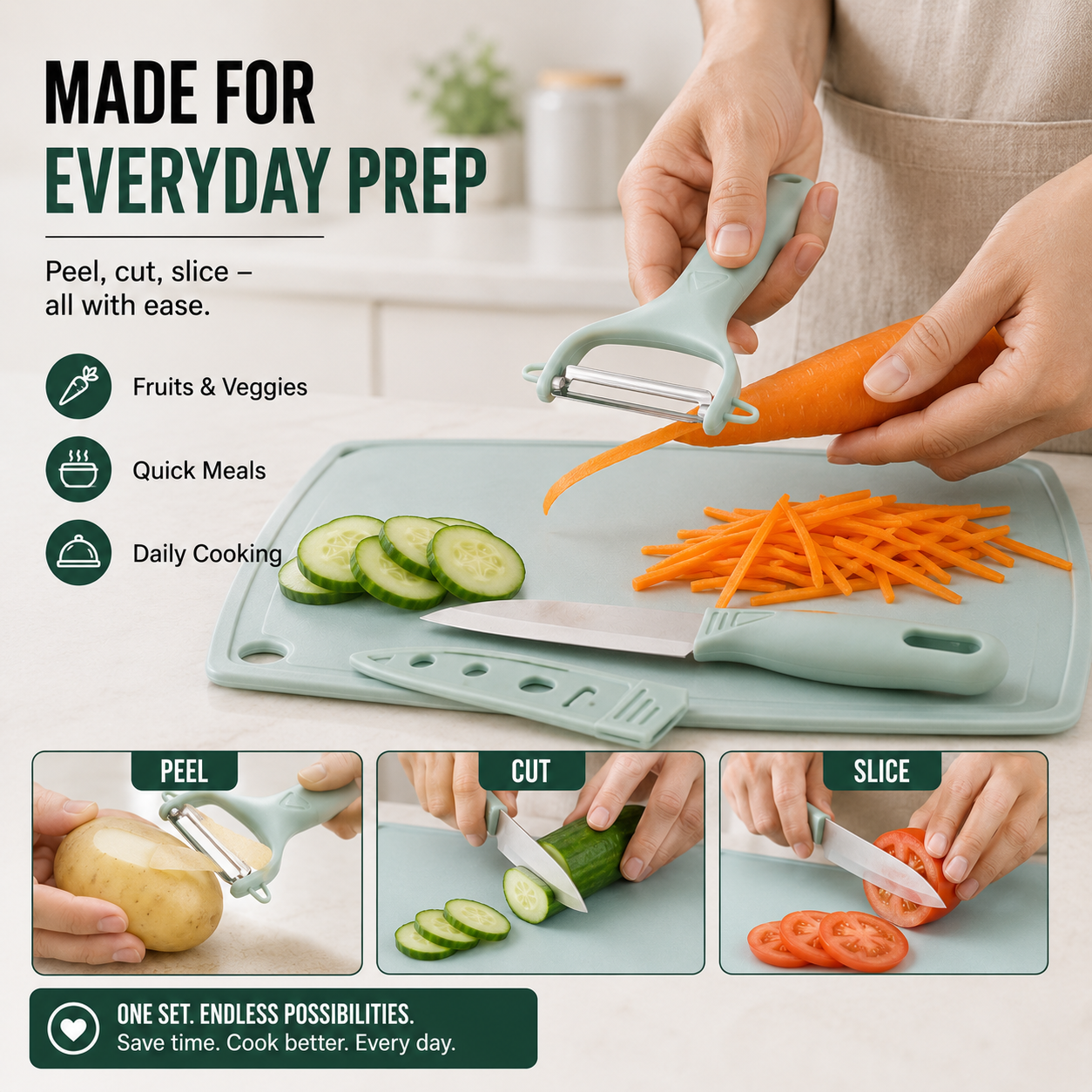 3-in-1 Kitchen Prep Set with Knife, Peeler & Cutting Board