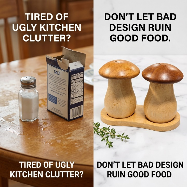 Bamboo Mushroom Salt & Pepper Shaker Set with Tray
