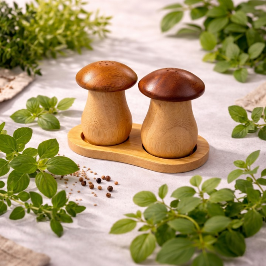 Wooden mushroom-shaped salt and pepper shakers with matching tray, surrounded by fresh herbs