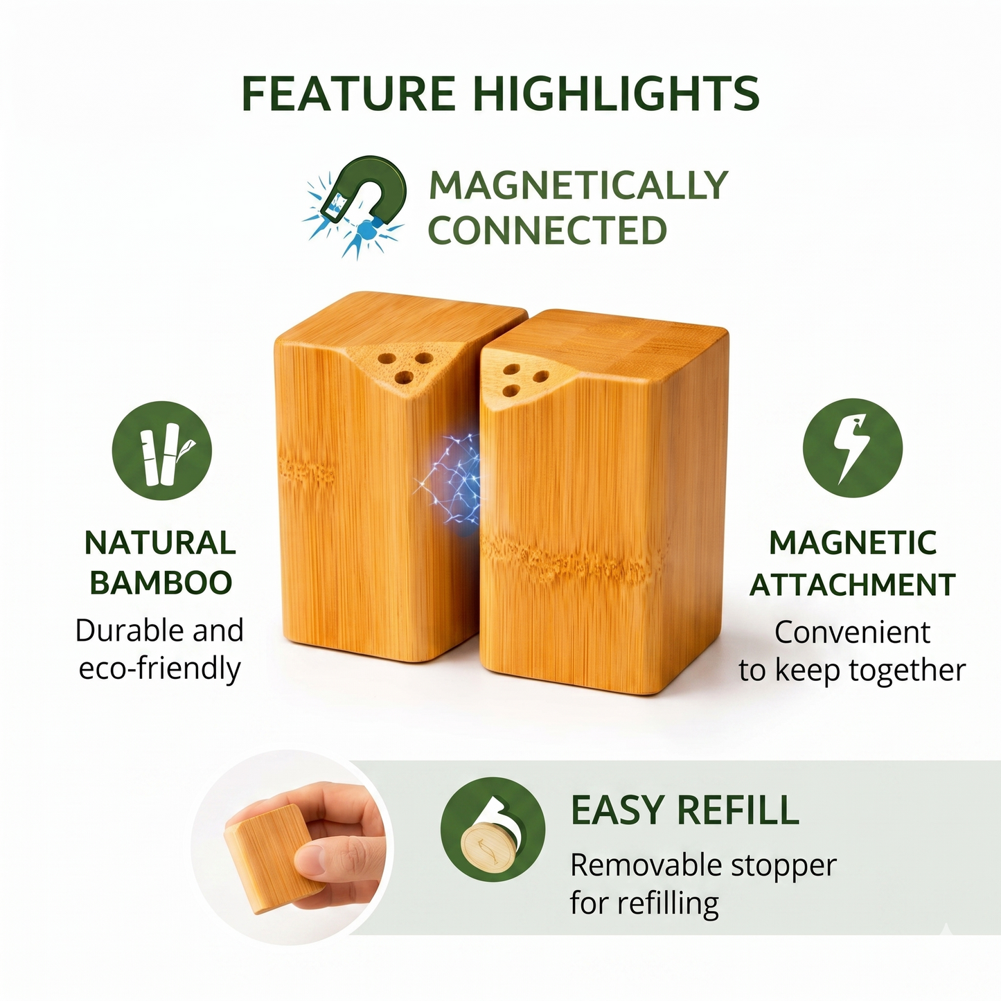 Magnetic Bamboo Salt & Pepper Shakers Set - Interlocking Design