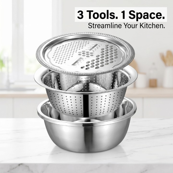 3-in-1 Premium Stainless Steel Grater, Colander & Bowl Set