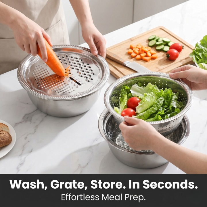 3-in-1 Premium Stainless Steel Grater, Colander & Bowl Set