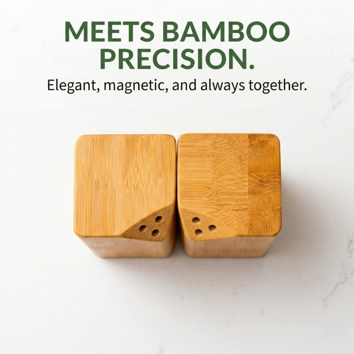 Magnetic Bamboo Salt & Pepper Shakers Set - Interlocking Design