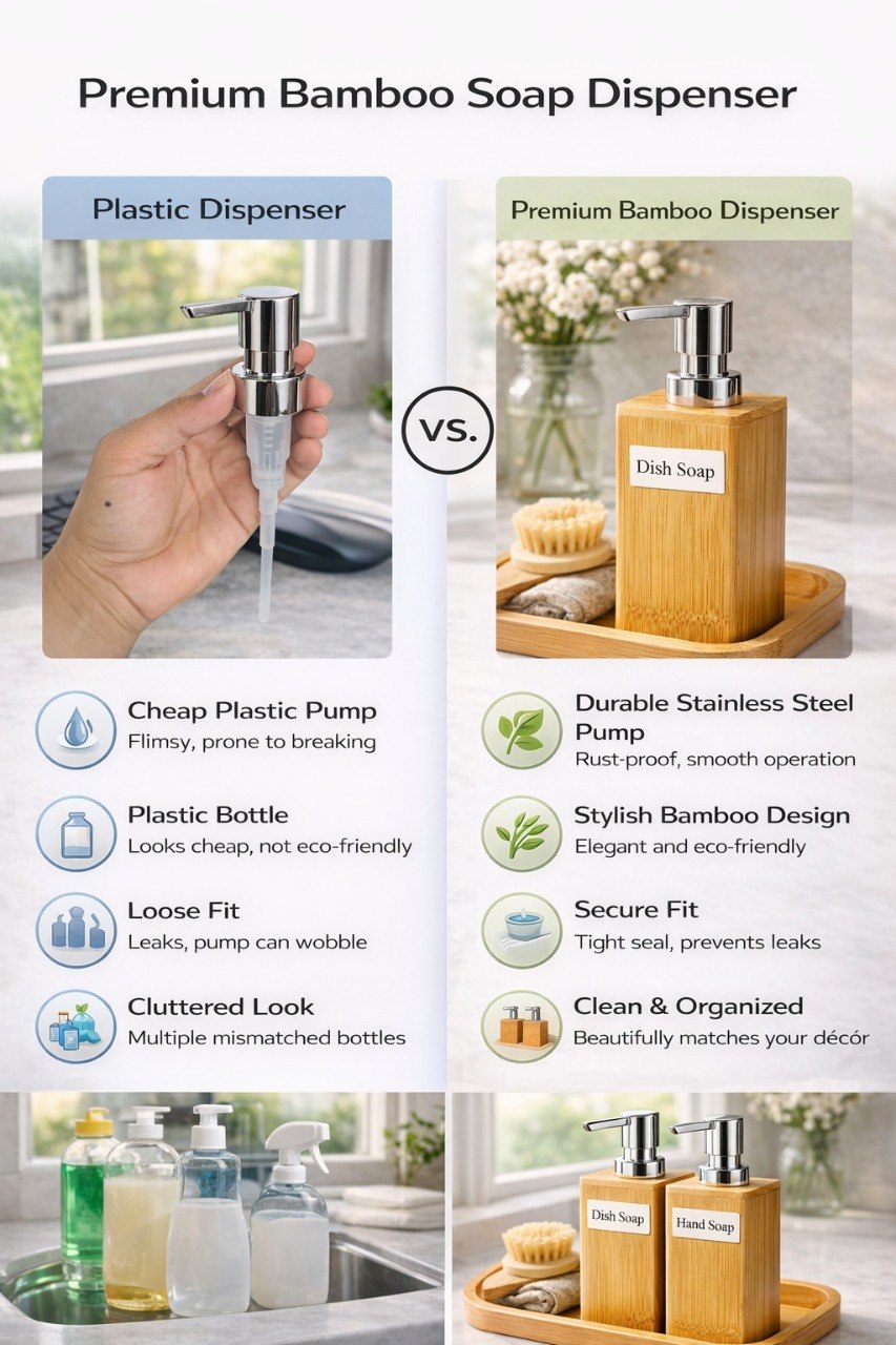 Eco-Friendly Bamboo Liquid Soap Dispenser with Rust-Proof Pump